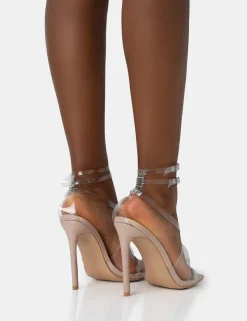 Public Desire Jojo Patent Cut Out Perspex Strap Square Toe Stiletto Heels | Women Stilettos