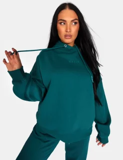Public Desire Kaiia Embroidered Oversized Hoodie Forest Green | Women Sweatshirt & Hoodies