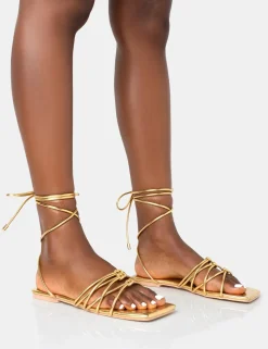 Public Desire Kelly Pu Lace Up Flat Square Toe Sandals | Women Sliders