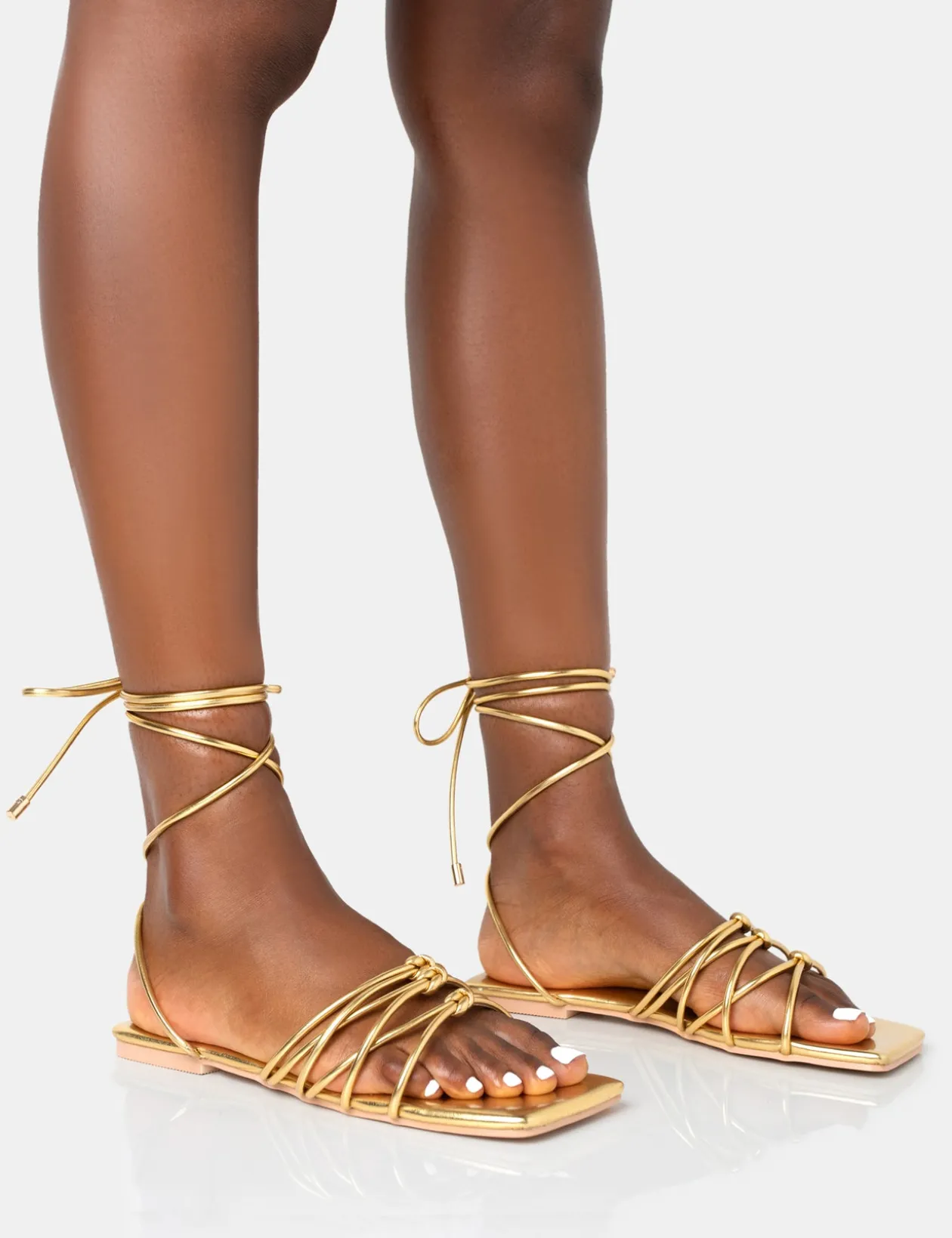 Public Desire Kelly Pu Lace Up Flat Square Toe Sandals | Women Sliders
