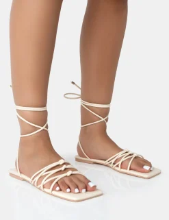 Public Desire Kelly Pu Lace Up Flat Square Toe Sandals | Women Sliders