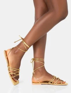 Public Desire Kelly Pu Lace Up Flat Square Toe Sandals | Women Sliders