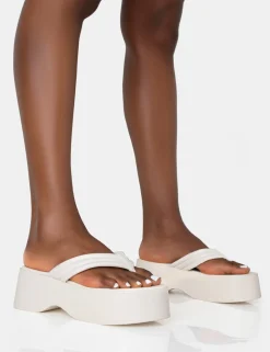 Public Desire Kiko Ecru Padded Flip Flop Strap Platform Sandals | Women Flatforms