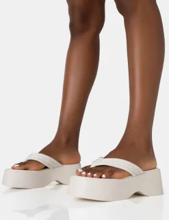Public Desire Kiko Ecru Padded Flip Flop Strap Platform Sandals | Women Flatforms