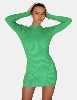 Public Desire Knitted High Neck Long Sleeve Contrast Stitch Mini Dress | Women Knitwear