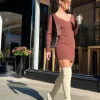 Public Desire Knitted Off Shoulder Mini Dress Chocolate | Women Knitwear
