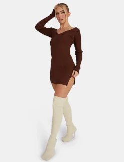 Public Desire Knitted Off Shoulder Mini Dress Chocolate | Women Knitwear