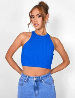Public Desire Knitted Ribbed Racer Top Cobalt | Women Knitwear