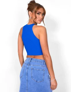Public Desire Knitted Ribbed Racer Top Cobalt | Women Knitwear