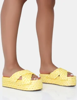 Public Desire Kos Raffia Cross Over Strap Slip On Flatform Sandals | Women Sliders