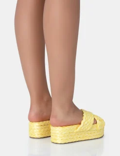 Public Desire Kos Raffia Cross Over Strap Slip On Flatform Sandals | Women Sliders