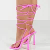 Public Desire Lacey Bubblegum Square Toe Strappy Lace Up Stiletto Heels | Women Barely There Heels