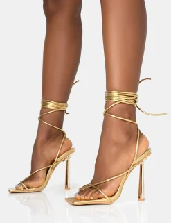 Public Desire Lacey Metallic Square Toe Strappy Lace Up Stiletto Heels | Women Square Toe Heels