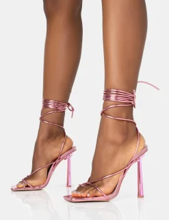 Public Desire Lacey Metallic Square Toe Strappy Lace Up Stiletto Heels | Women Square Toe Heels