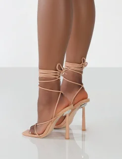 Public Desire Lacey Pu Square Toe Strappy Lace Up Stiletto Heels | Women Barely There Heels