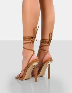 Public Desire Lacey Square Toe Strappy Lace Up Stiletto Heels | Women Stilettos