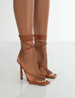 Public Desire Lacey Tan Square Toe Strappy Lace Up Stiletto Heels | Women Barely There Heels