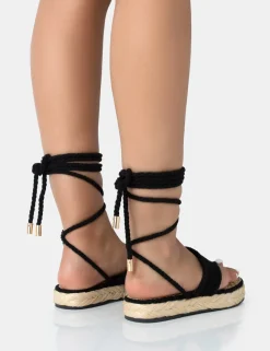 Public Desire Laguna Beach Towelling Flip Flop Raffia Sandals | Women Black Sandals