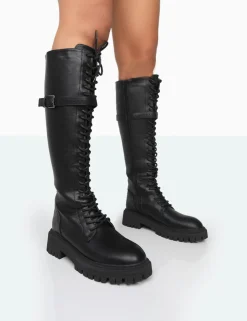Public Desire Lainey Pu Chunky Sole Lace Up Knee High Boots | Women Chunky Boots