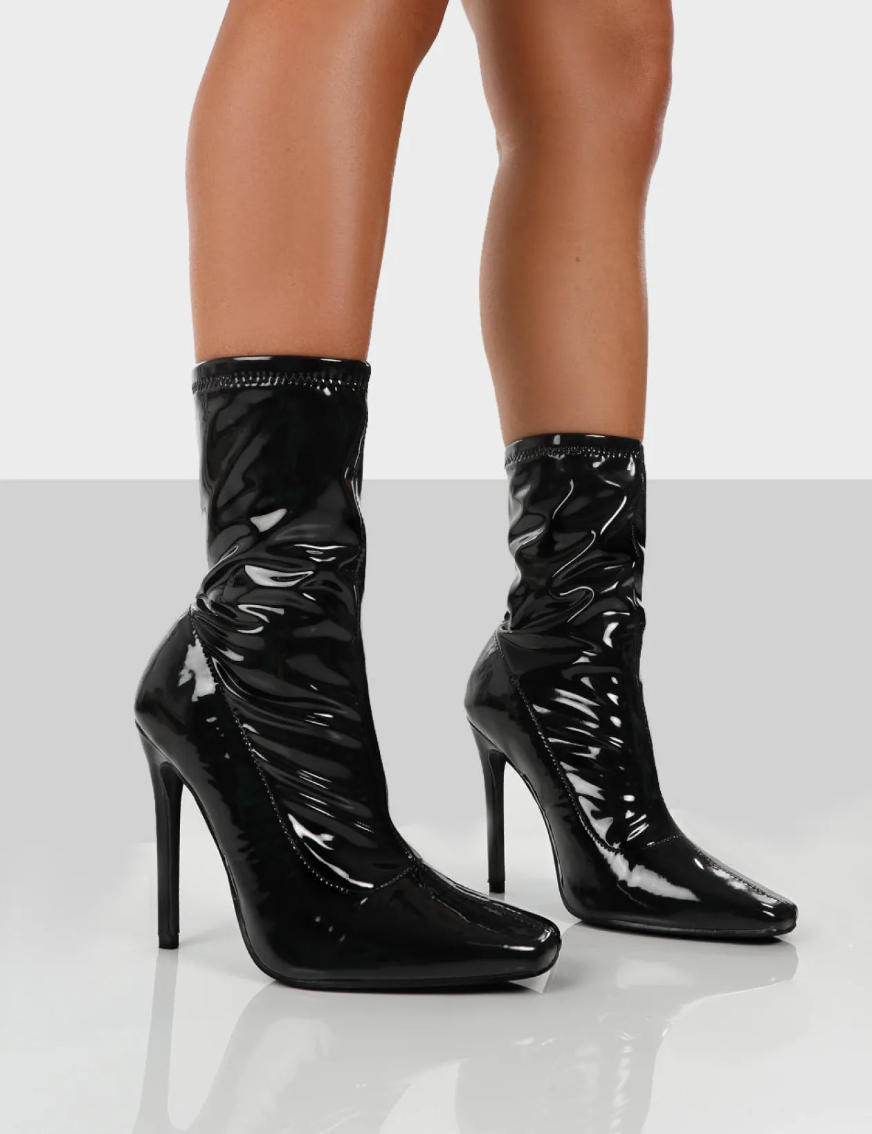 Public Desire Lars Patent Wide Fit Sock High Heeled Stiletto Ankle Boots | Women Wide Fit Ankle Boots