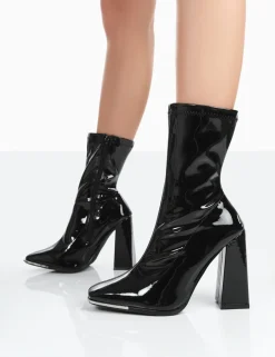 Public Desire Liberty Wide Fit Patent Sock Block Heeled Ankle Boots | Women Wide Fit Ankle Boots
