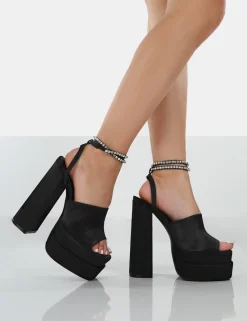 Public Desire Lilibet Satin Diamante Lace Up Strappy Open Toe Statement Platform Block Heels | Women Lace Up Heels