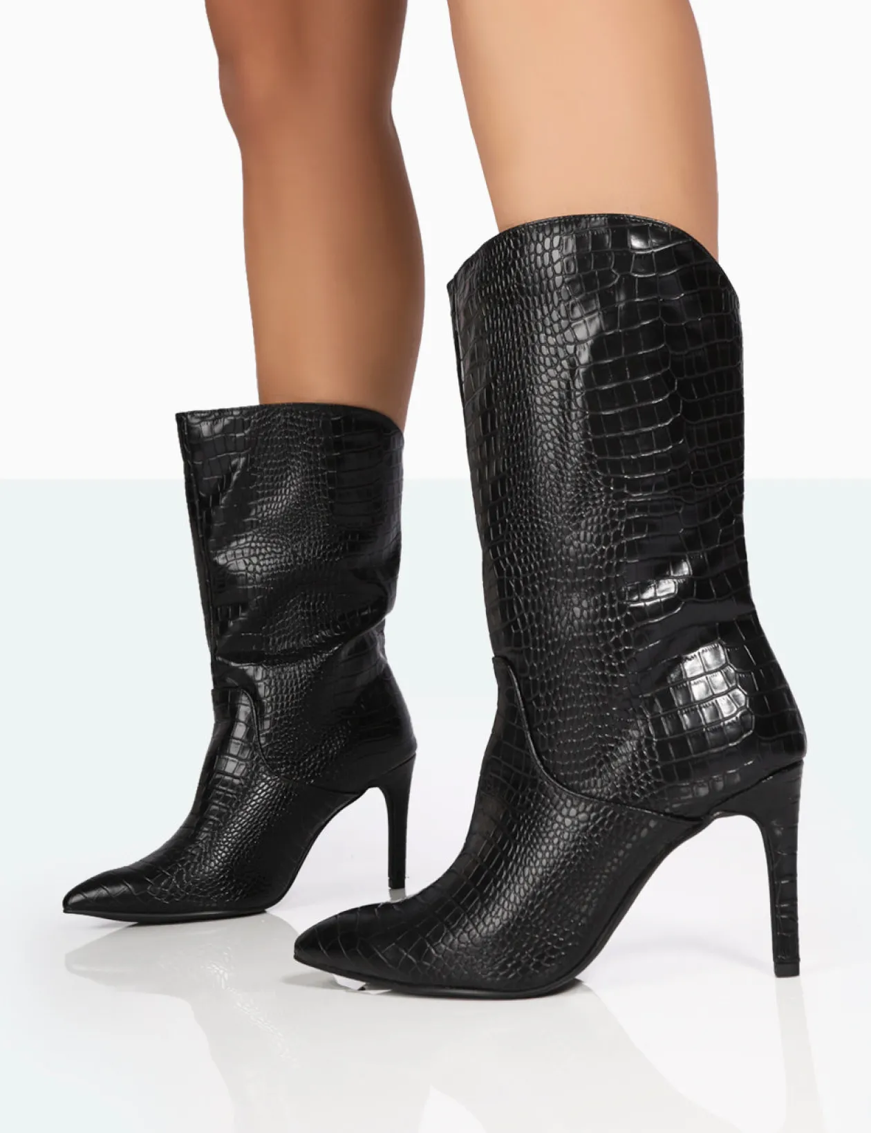 Public Desire Lisel Wide Fit Croc Pu Pointed Toe Stiletto Heeled Ankle Boots | Women Wide Fit Ankle Boots