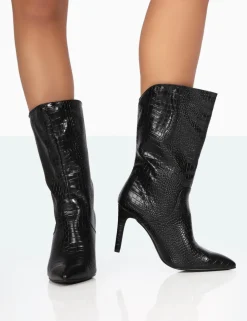 Public Desire Lisel Wide Fit Croc Pu Pointed Toe Stiletto Heeled Ankle Boots | Women Wide Fit Ankle Boots