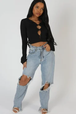 Public Desire Long Sleeve Button Detail Crop Top | Women Tops