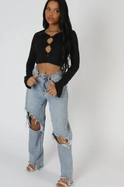Public Desire Long Sleeve Button Detail Crop Top | Women Tops