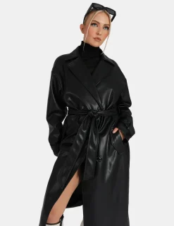 Public Desire Longline Pu Belted Black Trench | Women Outerwear & Jackets