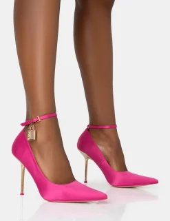 Public Desire Lotty Hot Pink Satin Padlock Ankle Detail Court Stiletto Heels | Women Court Heels