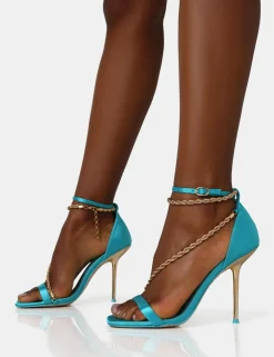Public Desire Loyal Satin Chain Detail Square Toe Gold Stiletto Heels | Women Stilettos