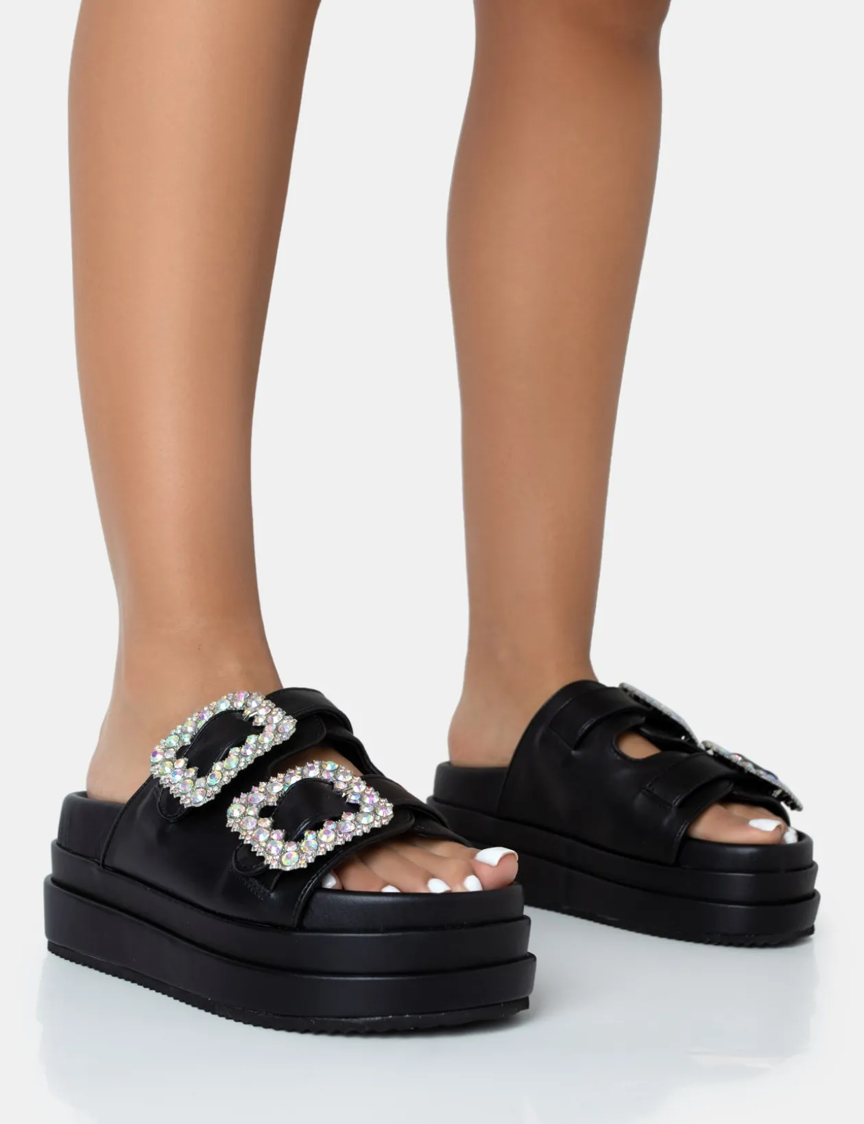 Public Desire Lozzy Pu Diamante Buckle Double Strap Platform Slider Sandals | Women Black Sandals