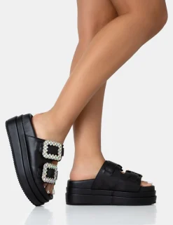 Public Desire Lozzy Pu Diamante Buckle Double Strap Platform Slider Sandals | Women Black Sandals