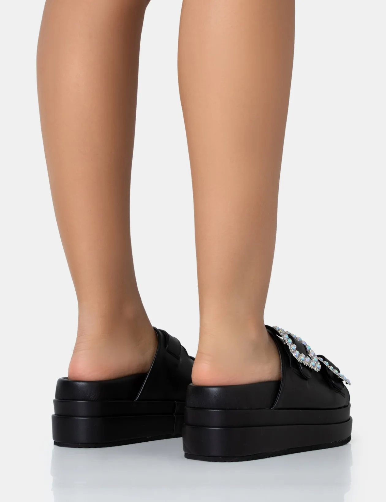Public Desire Lozzy Pu Diamante Buckle Double Strap Platform Slider Sandals | Women Black Sandals
