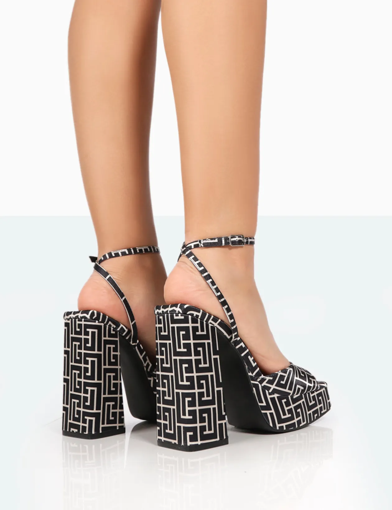 Public Desire Lyle Black Geometric Satin Square Toe Block Platform High Heels | Women Platform Heels