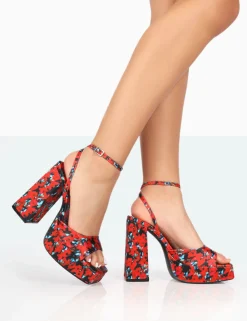 Public Desire Lyle Floral Satin Square Toe Block Platform High Heels | Women Platform Heels