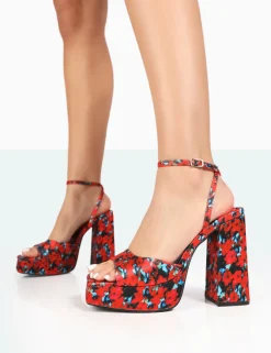 Public Desire Lyle Floral Satin Square Toe Block Platform High Heels | Women Platform Heels