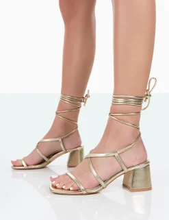 Public Desire Mabel Metallic Ankle Tie Block Heeled Sandals | Women Sandals