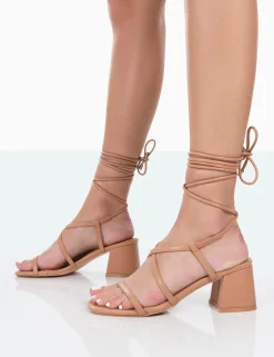 Public Desire Mabel Wide Fit Pu Ankle Tie Mid Block Heeled Sandals | Women Sandals