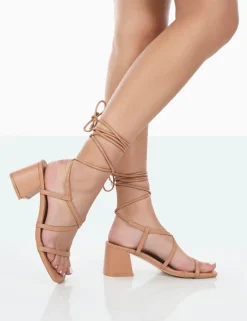 Public Desire Mabel Wide Fit Pu Ankle Tie Mid Block Heeled Sandals | Women Sandals