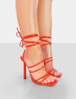 Public Desire Make Way Patent Strappy Lace Up Square Toe Stilettos | Women Stilettos