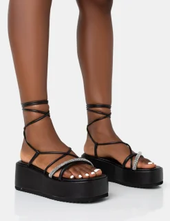 Public Desire Malia Pu Diamante Strap Lace Up Chunky Platform Sandals | Women Chunky Sandals
