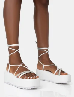 Public Desire Malia Pu Diamante Strap Lace Up Chunky Platform Sandals | Women White Sandals