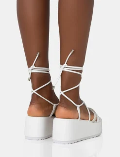 Public Desire Malia Pu Diamante Strap Lace Up Chunky Platform Sandals | Women White Sandals