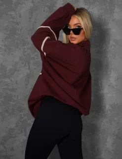 Public Desire Manhattan Slogan Half Zip Pullover Sweatshirt Burgundy | Women Sweatshirt & Hoodies