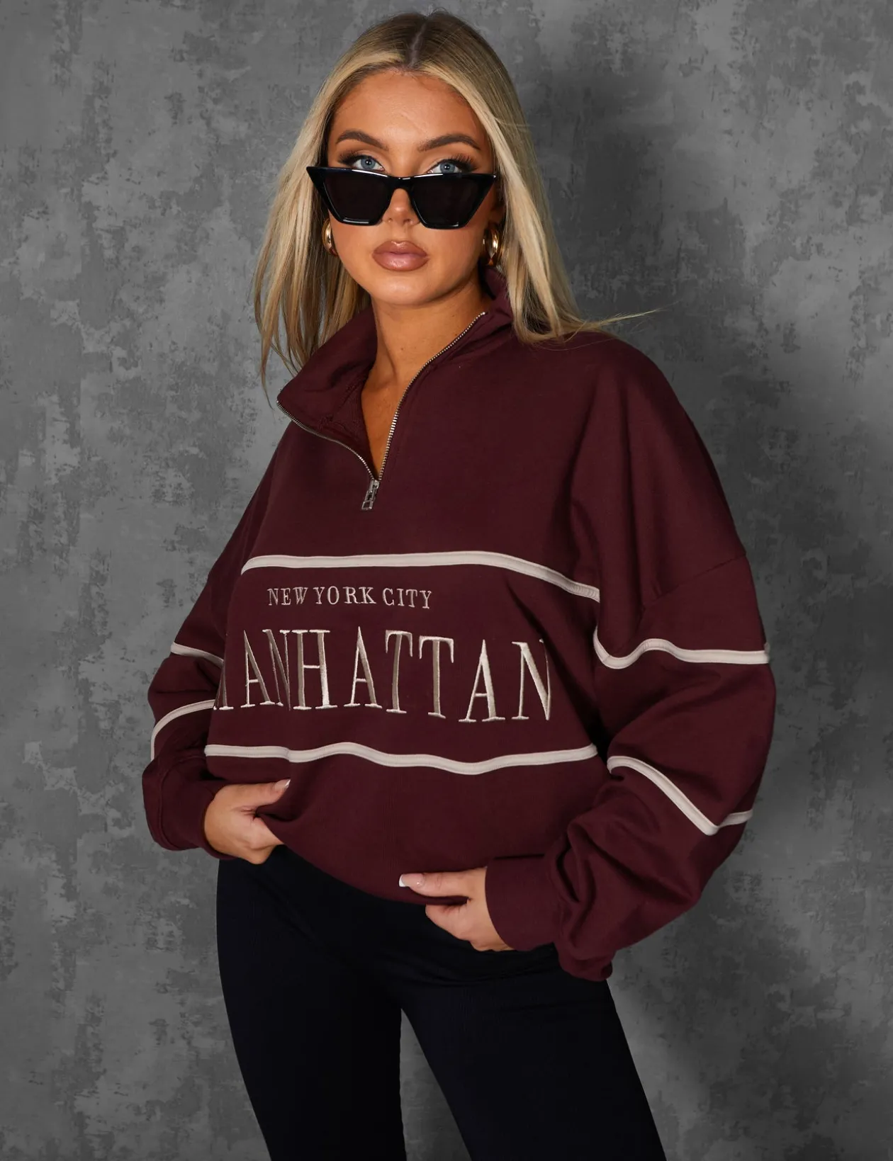 Public Desire Manhattan Slogan Half Zip Pullover Sweatshirt Burgundy | Women Sweatshirt & Hoodies