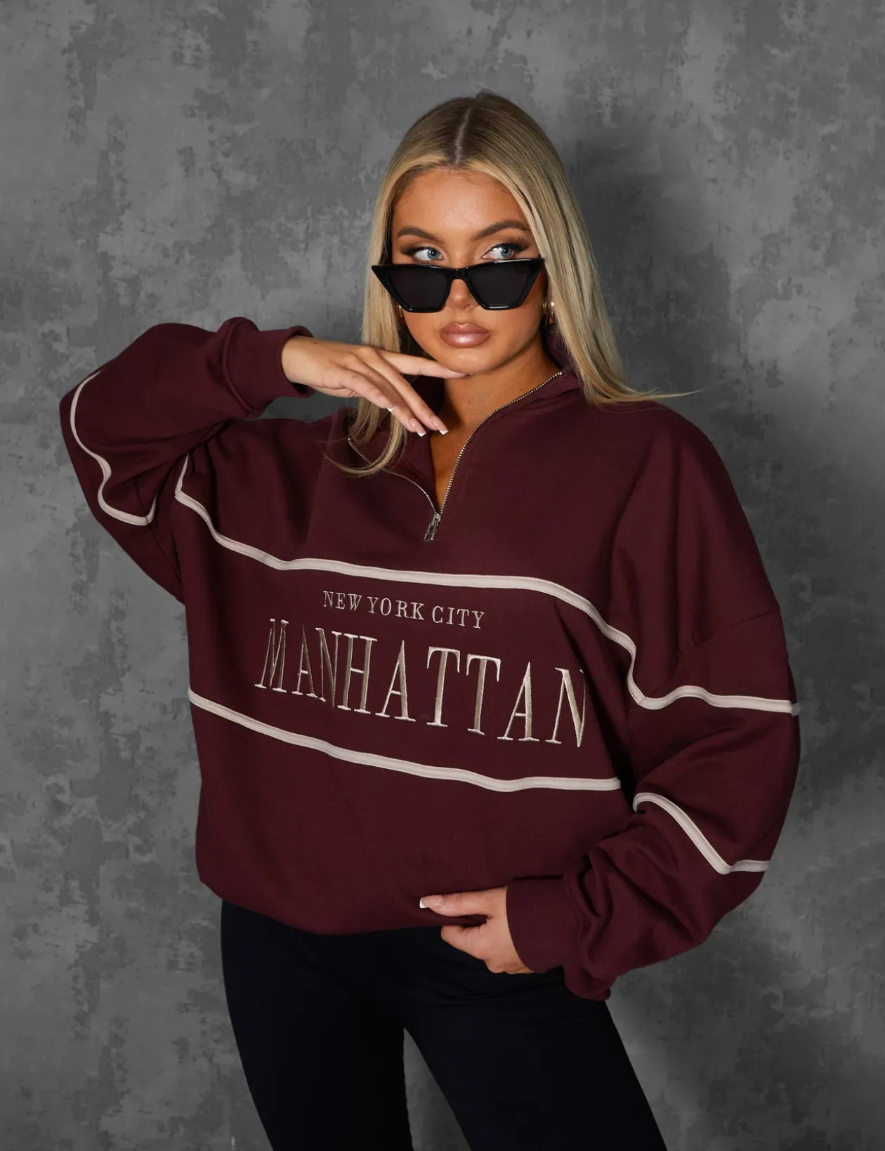 Public Desire Manhattan Slogan Half Zip Pullover Sweatshirt Burgundy | Women Sweatshirt & Hoodies