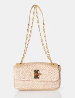 Public Desire Mara Natural Raffia Gold Chain Detail Adjustable Shoulder Bag | Women Crossbody And Shoulder Bags